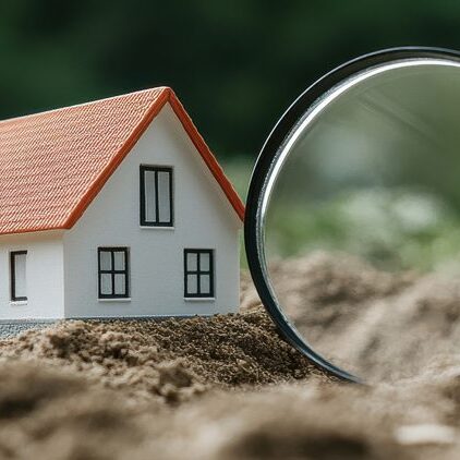 A miniature house sits on soil, examined through a magnifying gl