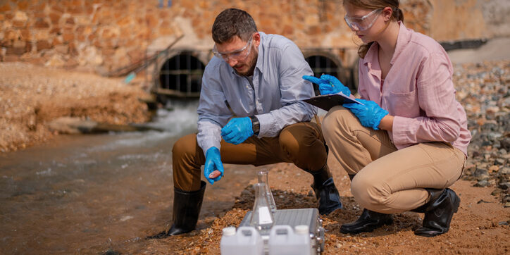 Scientist wearing protective uniform and glove under working water analysis and water quality by get waste water to check case in laboratory is environment pollution problem concept